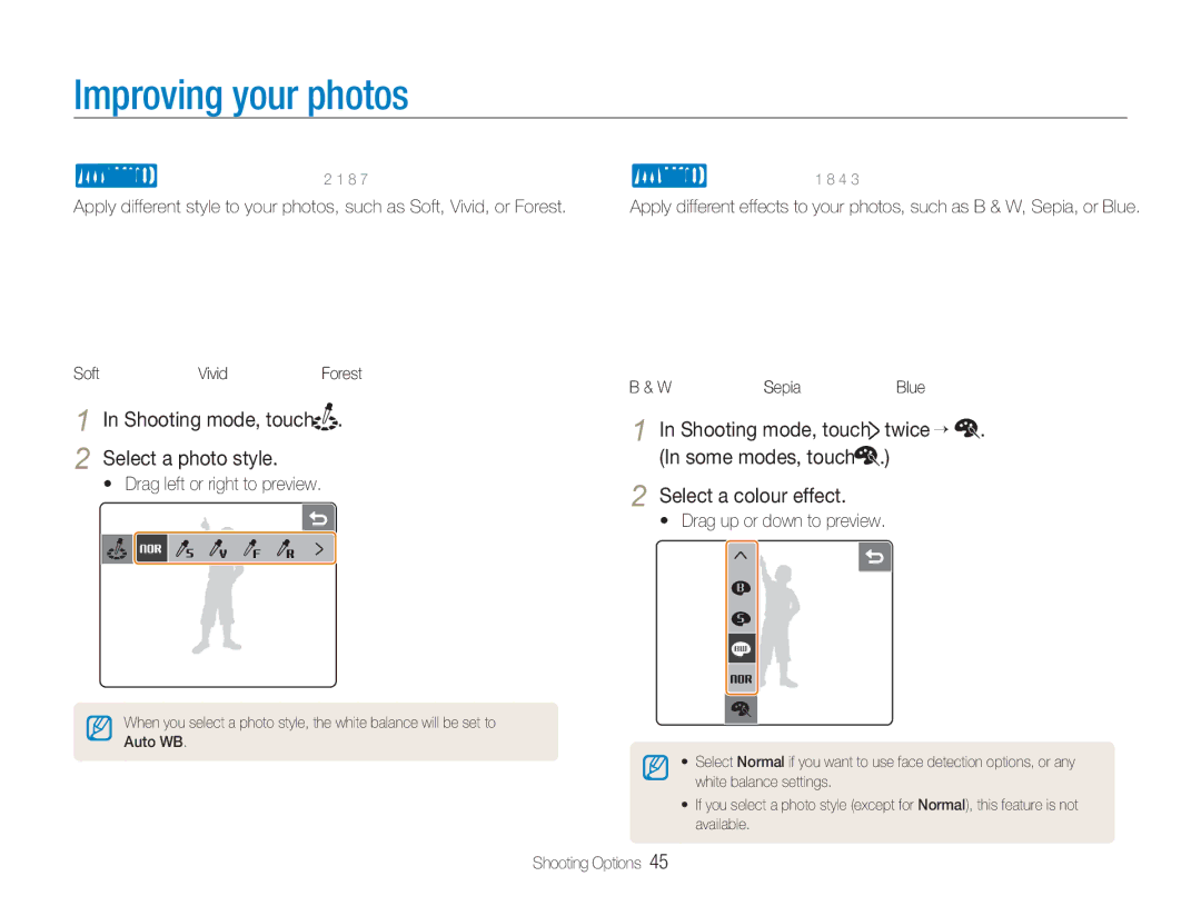 Samsung NV100HD user manual Improving your photos, Applying photo styles 2 1 8, Applying colour 1 8 4 