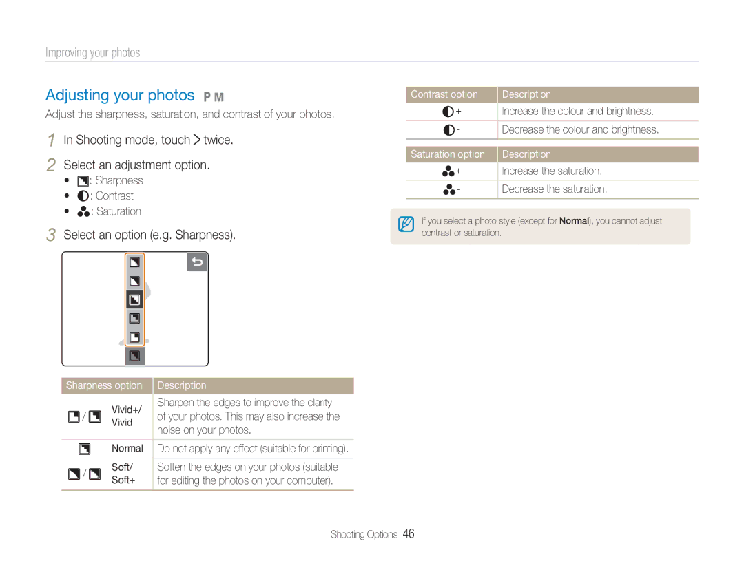 Samsung NV100HD Adjusting your photos 1, Improving your photos, Shooting mode, touch twice Select an adjustment option 