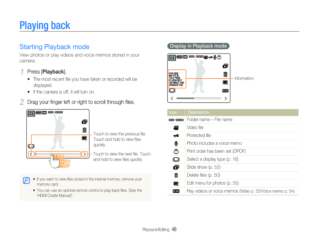 Samsung NV100HD user manual Playing back, Display in Playback mode 