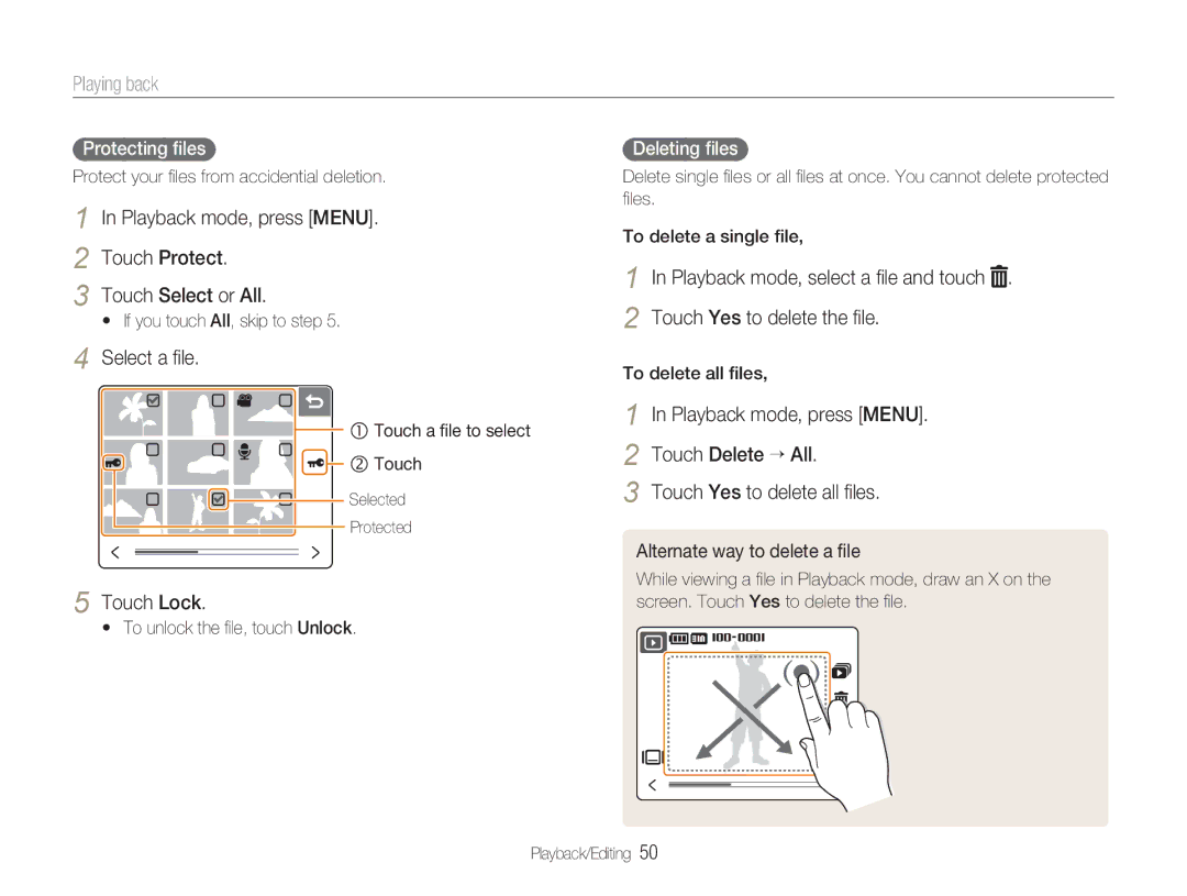 Samsung NV100HD Playback mode, press Menu Touch Protect Touch Select or All, Select a ﬁle, Touch Lock, Protecting ﬁles 