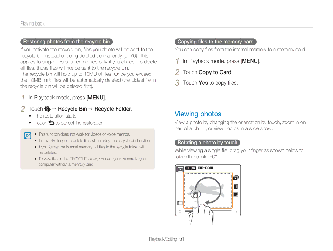 Samsung NV100HD Viewing photos, Restoring photos from the recycle bin, Restoration starts Touch to cancel the restoration 