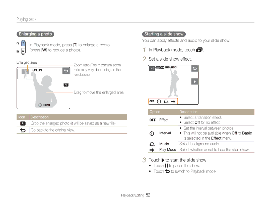 Samsung NV100HD user manual Touch to start the slide show, Enlarging a photo, Starting a slide show 