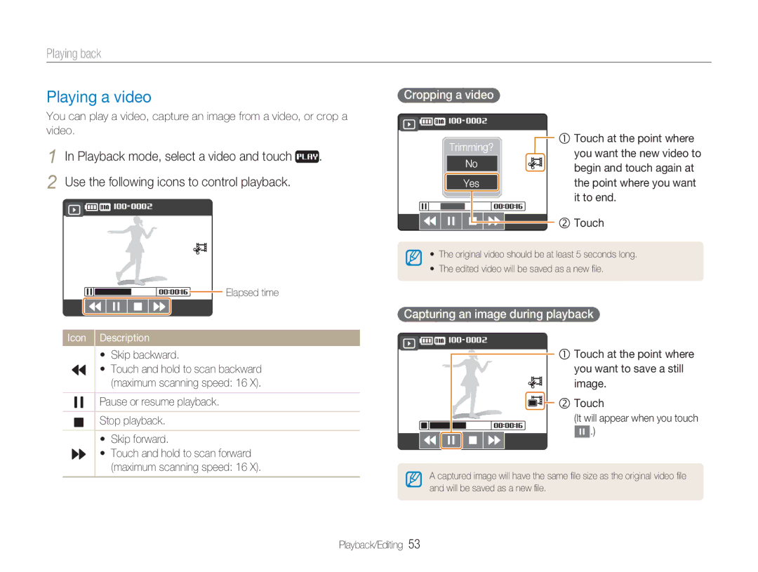 Samsung NV100HD user manual Playing a video, Cropping a video, Capturing an image during playback, Skip backward 