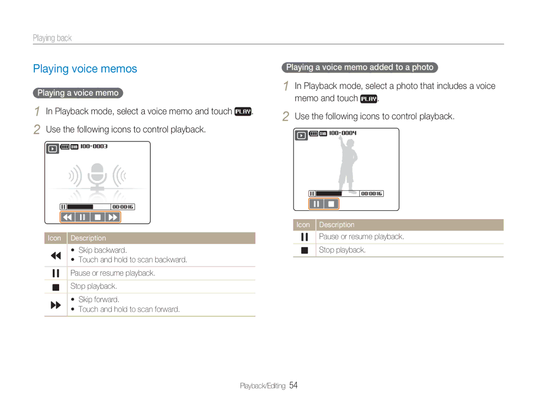 Samsung NV100HD user manual Playing voice memos, Playing a voice memo added to a photo 