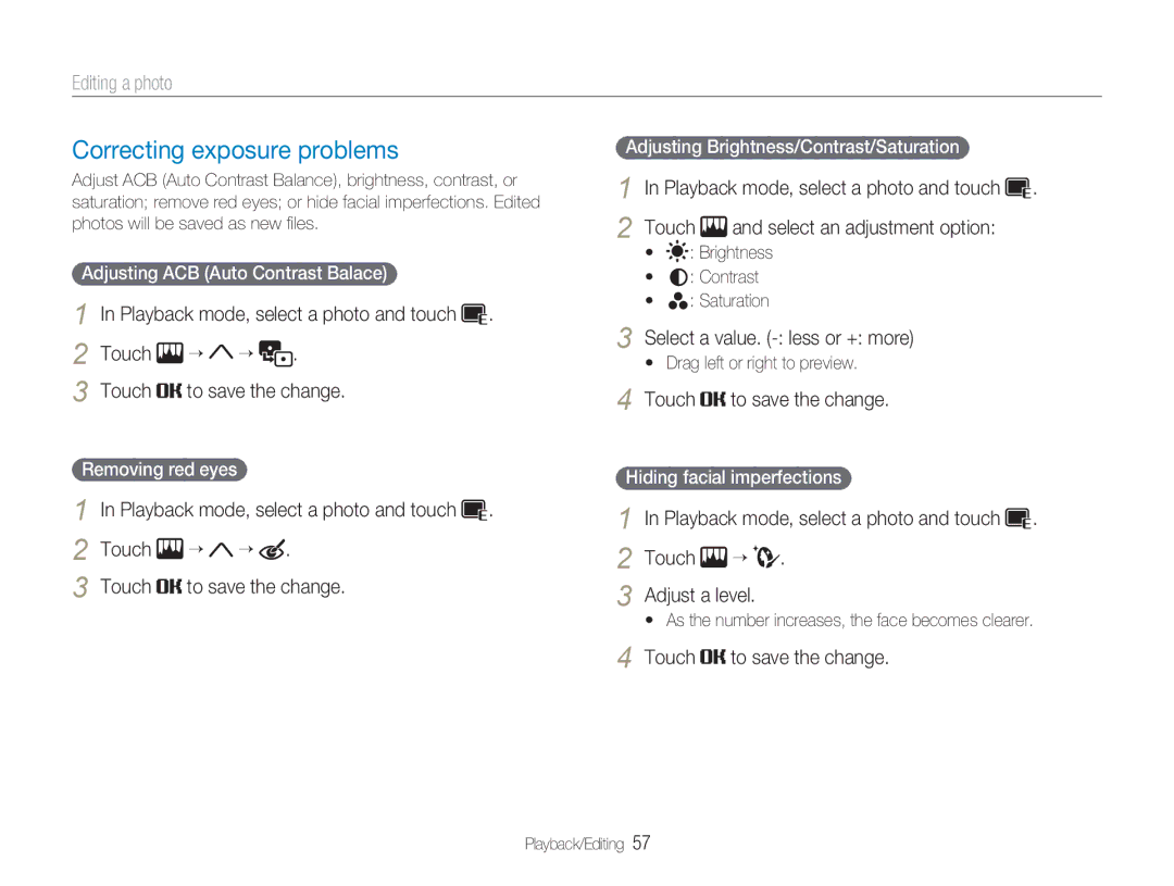 Samsung NV100HD Correcting exposure problems, Select a value. less or + more, Adjusting ACB Auto Contrast Balace 