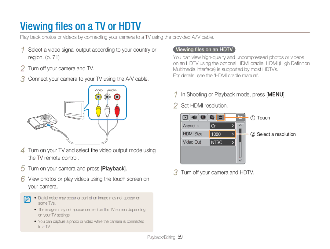 Samsung NV100HD user manual Viewing ﬁles on a TV or Hdtv, Shooting or Playback mode, press Menu Set Hdmi resolution 