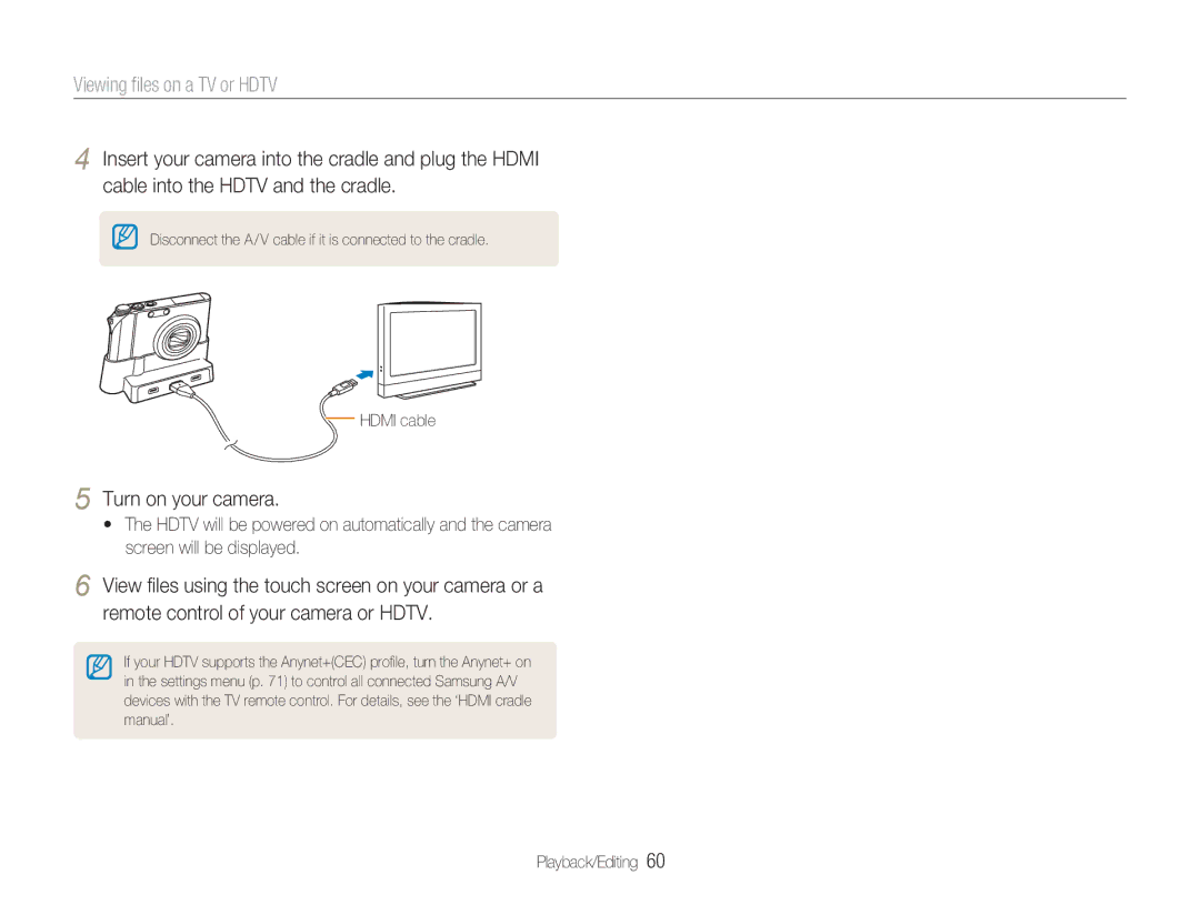 Samsung NV100HD user manual Viewing ﬁles on a TV or Hdtv, Turn on your camera, Hdmi cable 