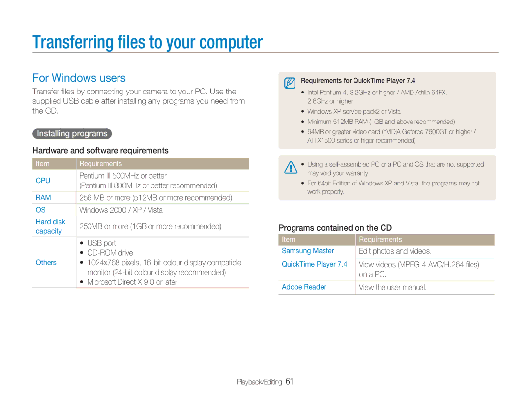 Samsung NV100HD Transferring ﬁles to your computer, For Windows users, Installing programs, Programs contained on the CD 