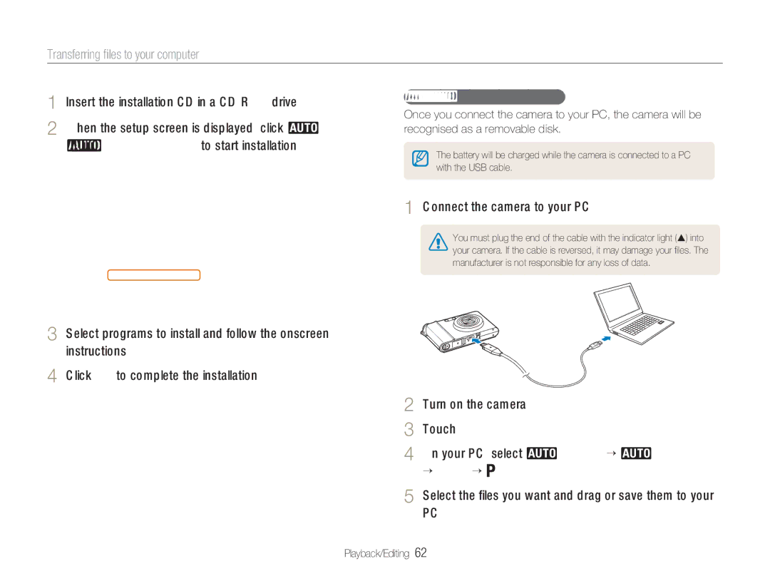 Samsung NV100HD user manual Transferring ﬁles to your computer, Insert the installation CD in a CD-ROM drive 