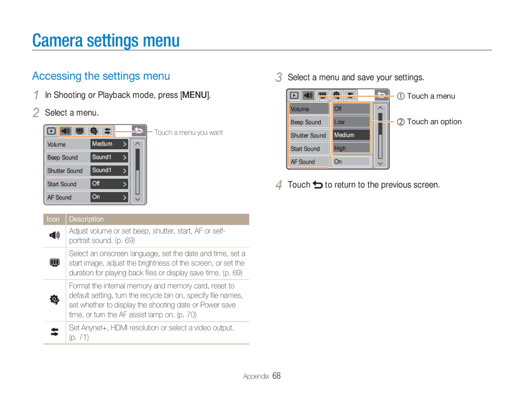 Samsung NV100HD Camera settings menu, Accessing the settings menu, Shooting or Playback mode, press Menu Select a menu 