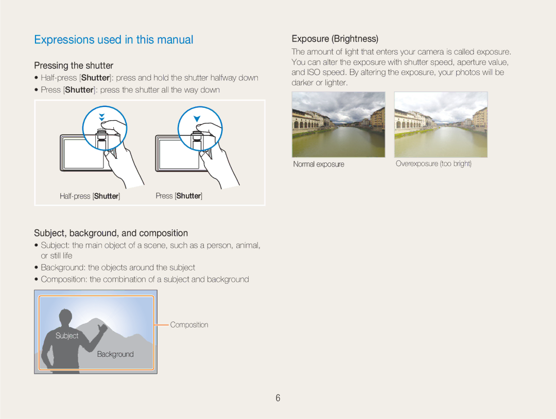 Samsung NV100HD Expressions used in this manual, Pressing the shutter, Exposure Brightness, Background Normal exposure 