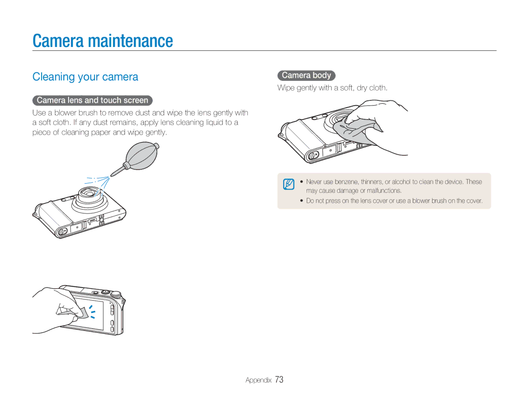 Samsung NV100HD user manual Camera maintenance, Cleaning your camera, Camera body, Camera lens and touch screen 