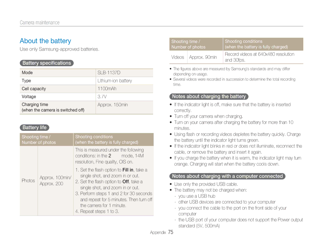 Samsung NV100HD user manual About the battery, Battery speciﬁcations, Battery life 