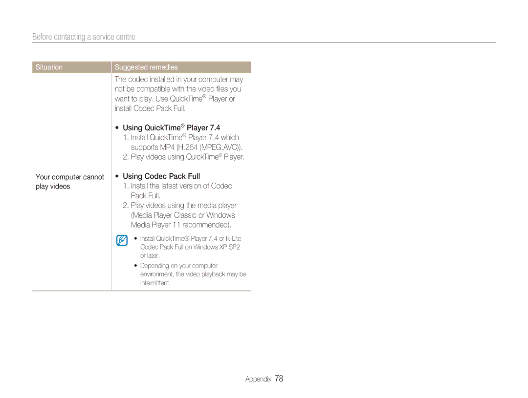 Samsung NV100HD user manual Your computer cannot play videos, Using QuickTime Player 