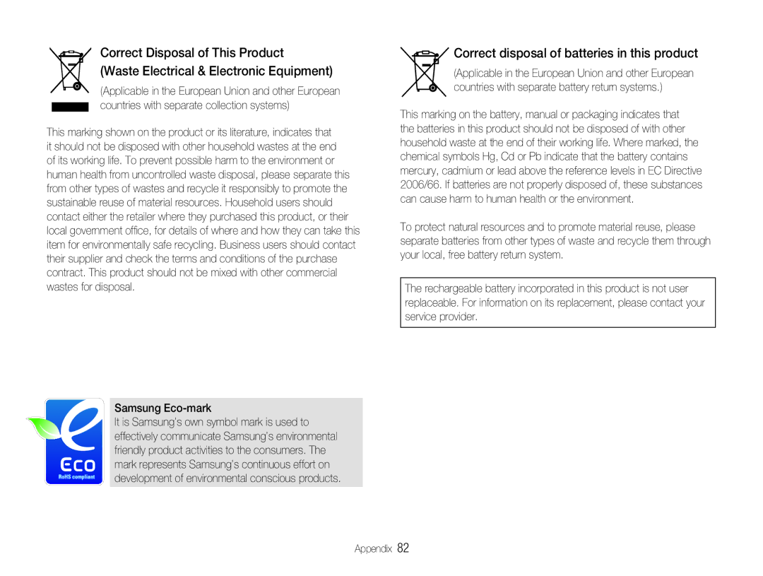 Samsung NV100HD user manual Correct disposal of batteries in this product 