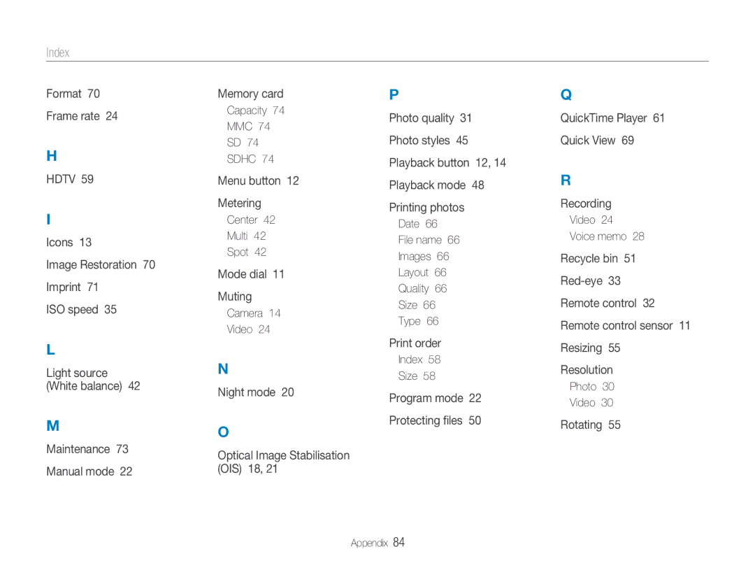 Samsung NV100HD user manual Index 