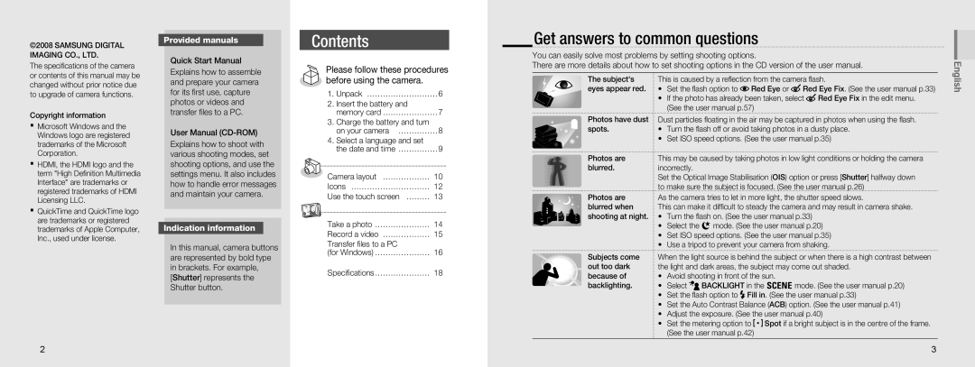 Samsung NV100HD quick start manual Contents 