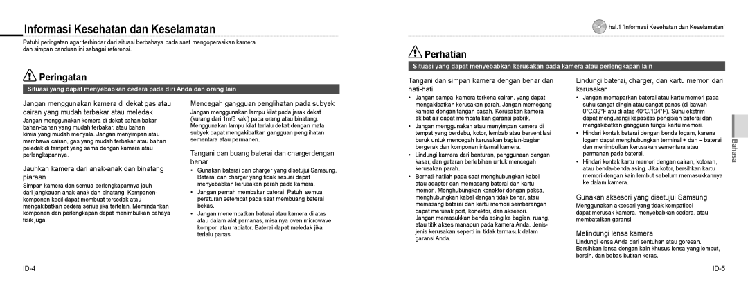 Samsung NV100HD quick start manual Informasi Kesehatan dan Keselamatan 