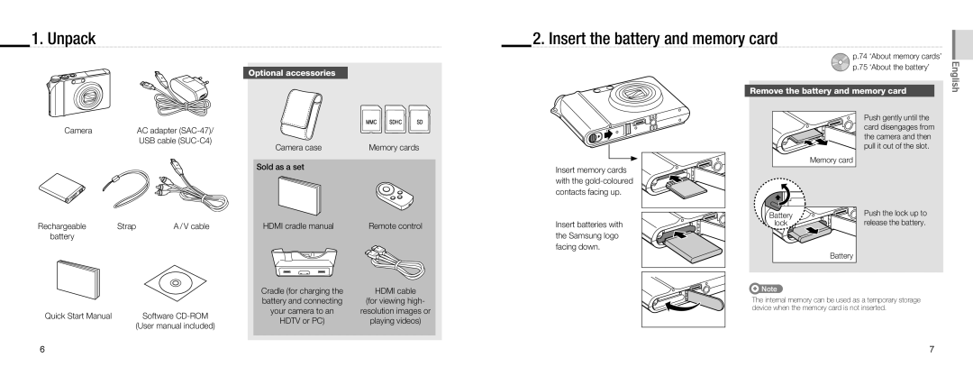 Samsung NV100HD Unpack, Insert the battery and memory card, Optional accessories, Remove the battery and memory card 