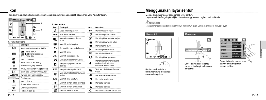 Samsung NV100HD quick start manual Ikon, Menggunakan layar sentuh, ID-12 ID-13, Menyentuh, Menggeser 