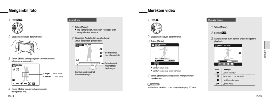 Samsung NV100HD quick start manual Mengambil foto, Merekam video 