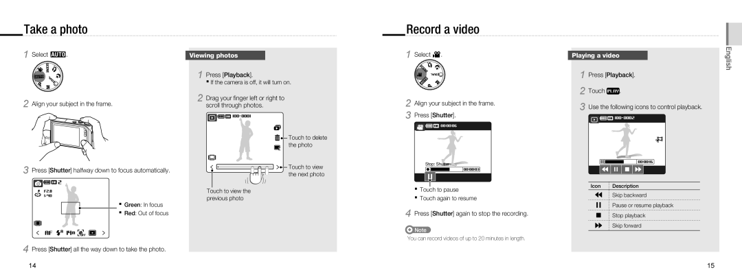 Samsung NV100HD quick start manual Take a photo, Record a video, Viewing photos, Playing a video 