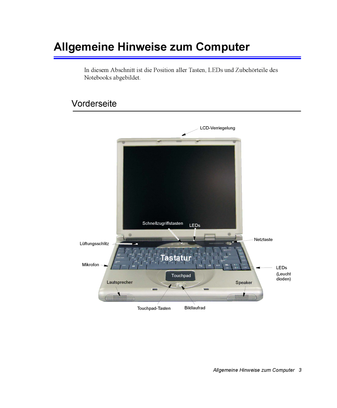 Samsung NV25CH0MTP/SEG, NV25CHZZMK/SEG, NV25NHZ001/SEG, NV25NH12EM/SEG manual Allgemeine Hinweise zum Computer, Vorderseite 