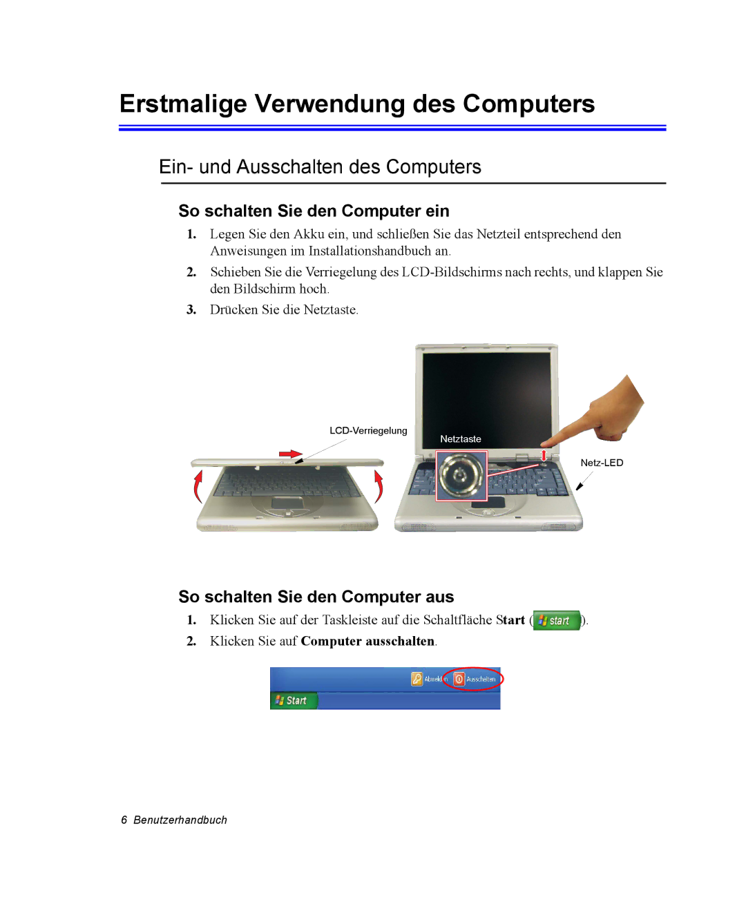 Samsung NV25NH12EM/SEG, NV25CHZZMK/SEG manual Erstmalige Verwendung des Computers, Ein- und Ausschalten des Computers 