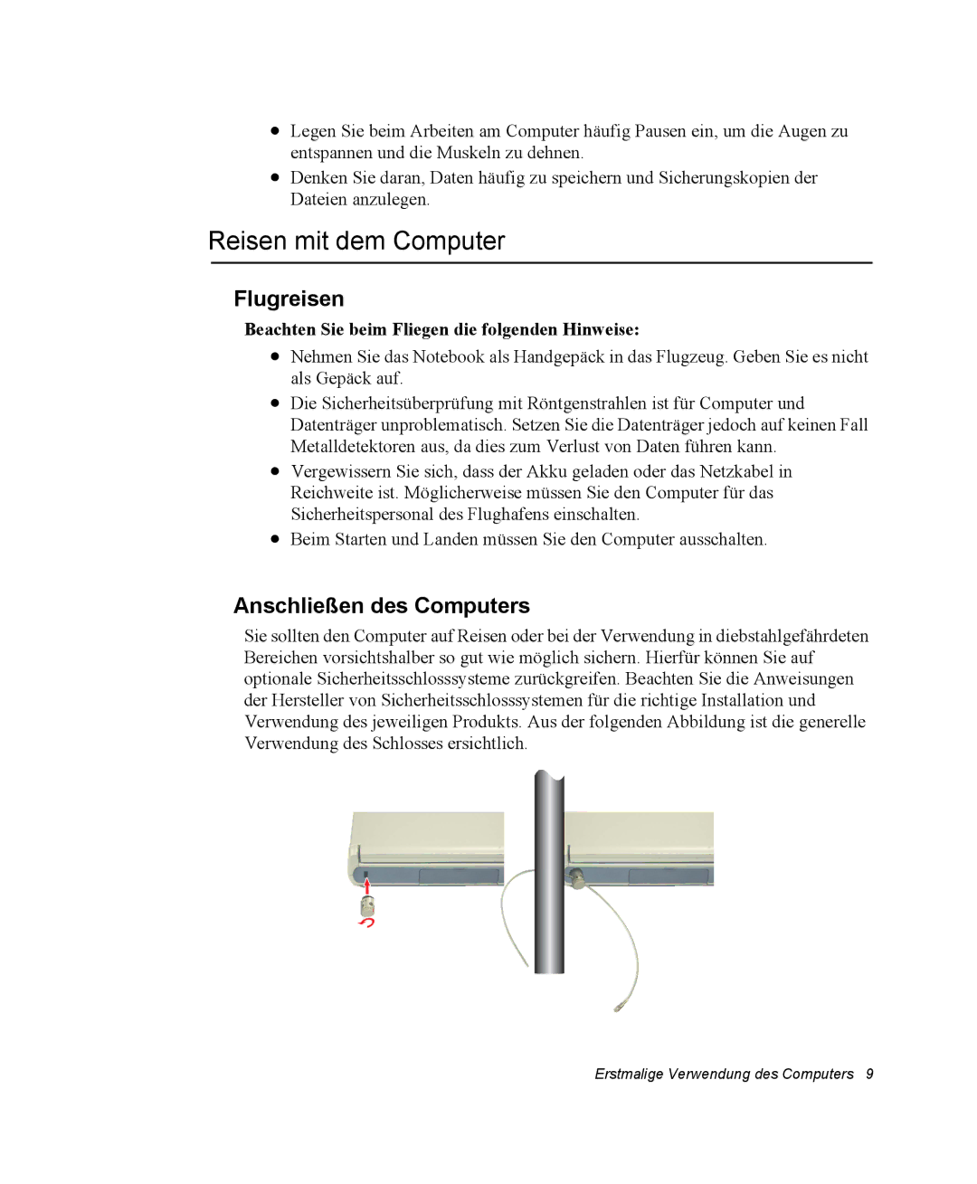 Samsung NV25NH0FKX/SUK, NV25CHZZMK/SEG, NV25NHZ001/SEG manual Reisen mit dem Computer, Flugreisen, Anschließen des Computers 