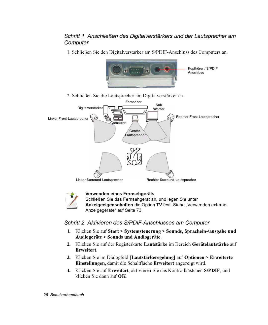 Samsung NV25NH0VM3/SEG manual Schließen Sie die Lautsprecher am Digitalverstärker an, Verwenden eines Fernsehgeräts 