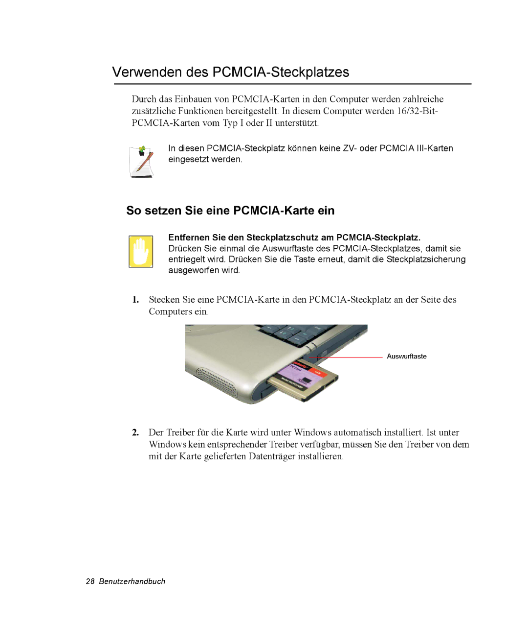 Samsung NV25CHZZMK/SEG, NV25NHZ001/SEG manual Verwenden des PCMCIA-Steckplatzes, So setzen Sie eine PCMCIA-Karte ein 