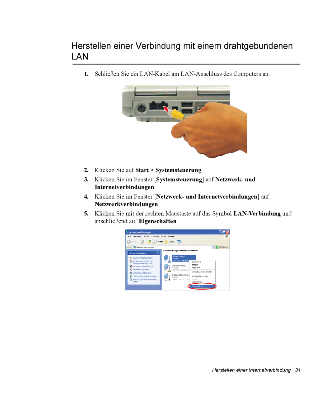 Samsung NV25CH1YL9/SEG manual Herstellen einer Verbindung mit einem drahtgebundenen, Klicken Sie auf Start Systemsteuerung 