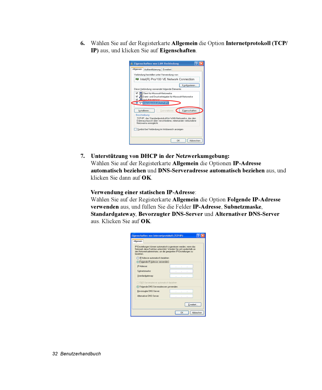 Samsung NV25CH0LTT/SEG manual Unterstützung von Dhcp in der Netzwerkumgebung, Verwendung einer statischen IP-Adresse 