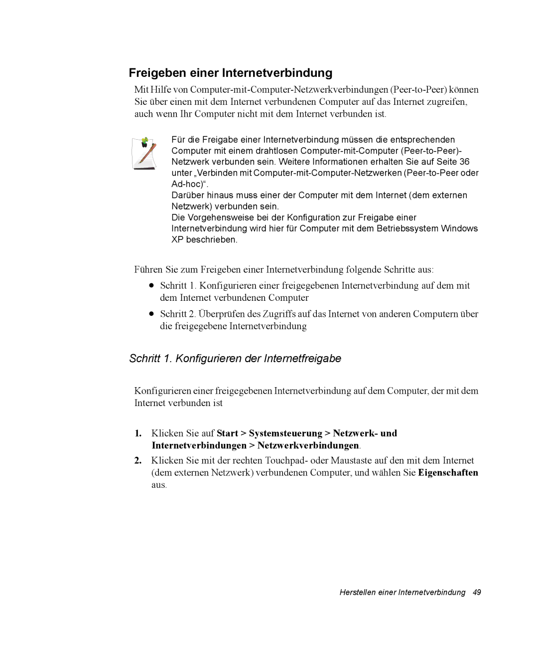 Samsung NV25CH04CS/SEG, NV25CHZZMK/SEG Freigeben einer Internetverbindung, Schritt 1. Konfigurieren der Internetfreigabe 