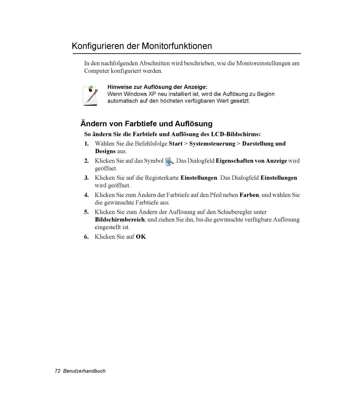 Samsung NV25CH04Q2/SEG, NV25CHZZMK/SEG manual Konfigurieren der Monitorfunktionen, Ändern von Farbtiefe und Auflösung 