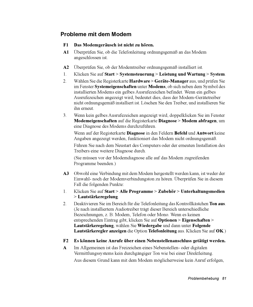 Samsung NV25NH0FKX/SUK, NV25CHZZMK/SEG, NV25NHZ001/SEG manual Probleme mit dem Modem, F1 Das Modemgeräusch ist nicht zu hören 