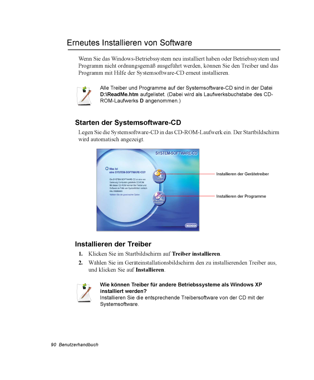 Samsung NV25NH12EM/SEG manual Erneutes Installieren von Software, Starten der Systemsoftware-CD, Installieren der Treiber 