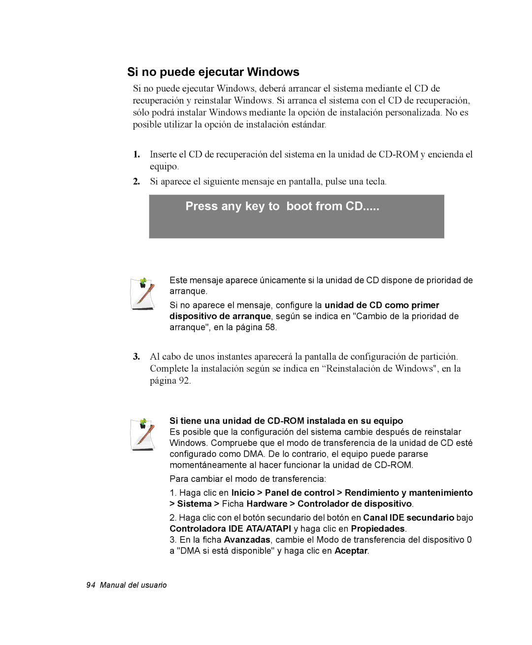 Samsung NV25NH0VHX/SES, NV25CH0342/SES Si no puede ejecutar Windows, Si tiene una unidad de CD-ROM instalada en su equipo 