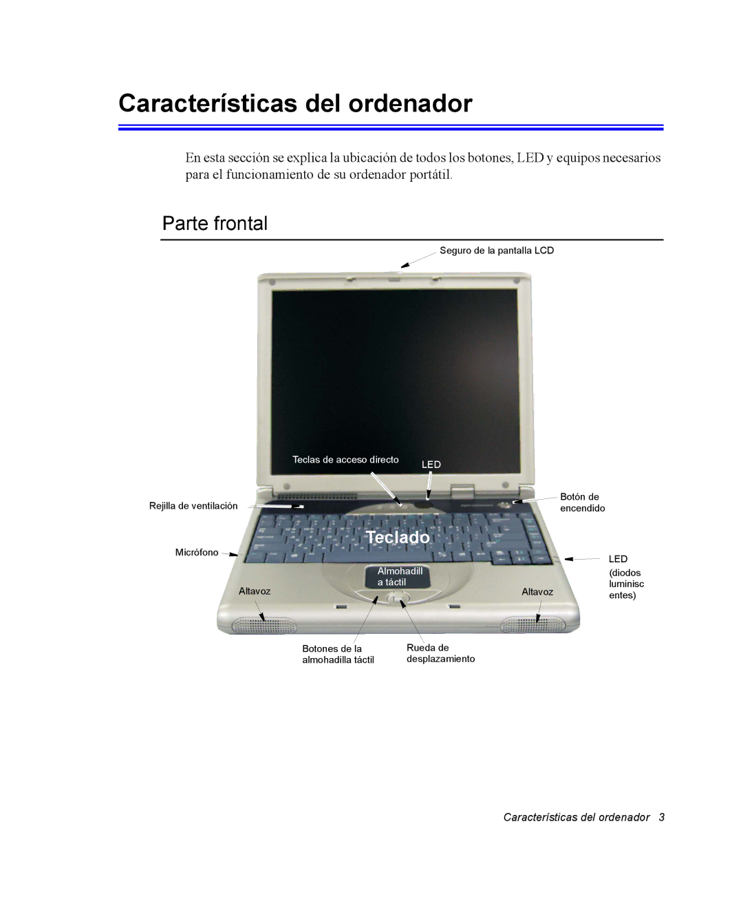 Samsung NV25NH0S1B/SES, NV25NH0VHX/SES, NV25CH0342/SES, NV25NH2CB7/SES manual Características del ordenador, Parte frontal 