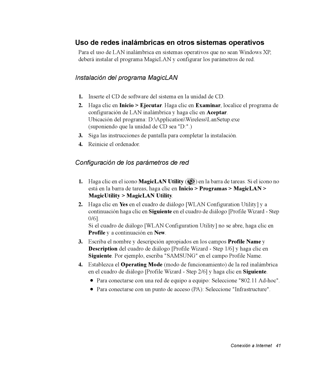 Samsung NV25CH0342/SES manual Uso de redes inalámbricas en otros sistemas operativos, Instalación del programa MagicLAN 