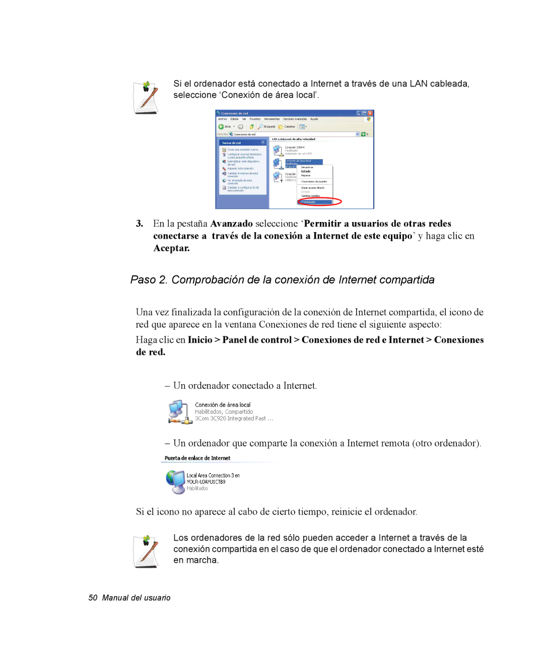 Samsung NV25NH0VLR/SES, NV25NH0VHX/SES, NV25CH0342/SES manual Paso 2. Comprobación de la conexión de Internet compartida 