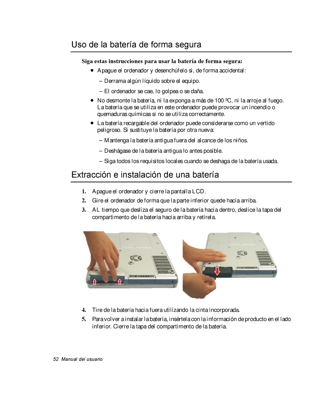 Samsung NV25NH0VHX/SES, NV25CH0342/SES manual Uso de la batería de forma segura, Extracción e instalación de una batería 