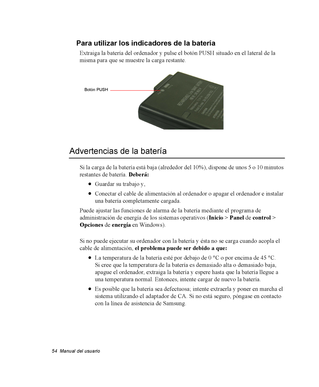 Samsung NV25NH2CB7/SES, NV25NH0VHX/SES manual Advertencias de la batería, Para utilizar los indicadores de la batería 