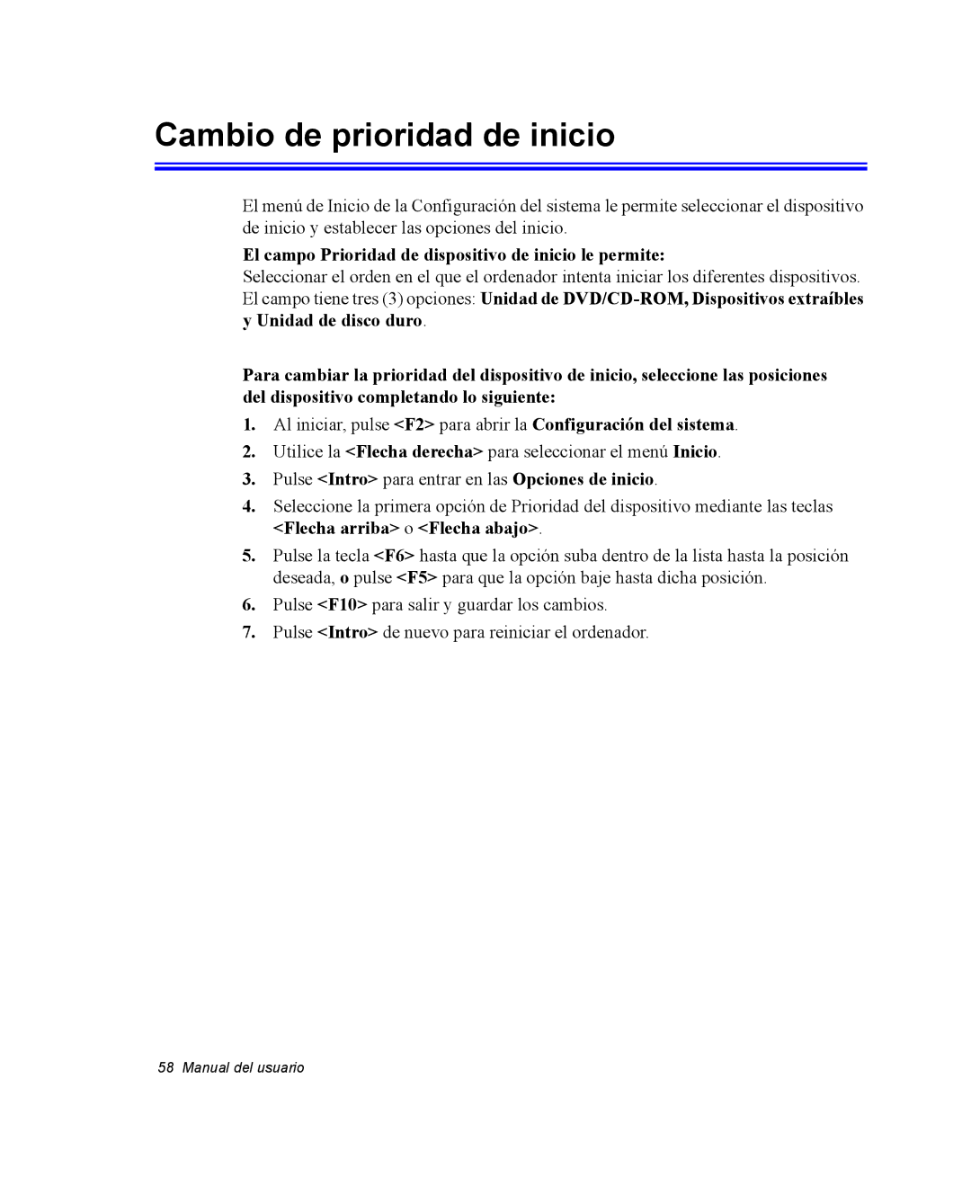 Samsung NV25NH0VHX/SES manual Cambio de prioridad de inicio, El campo Prioridad de dispositivo de inicio le permite 