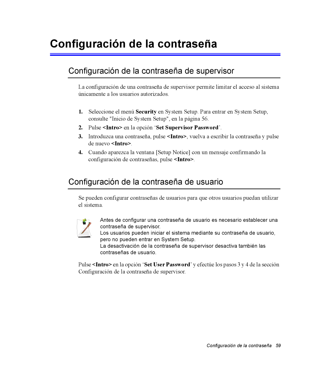 Samsung NV25CH0342/SES manual Configuración de la contraseña de supervisor, Configuración de la contraseña de usuario 