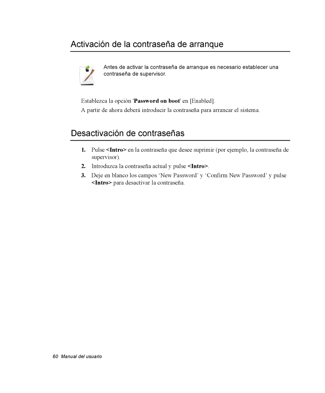 Samsung NV25NH2CB7/SES, NV25NH0VHX/SES manual Activación de la contraseña de arranque, Desactivación de contraseñas 