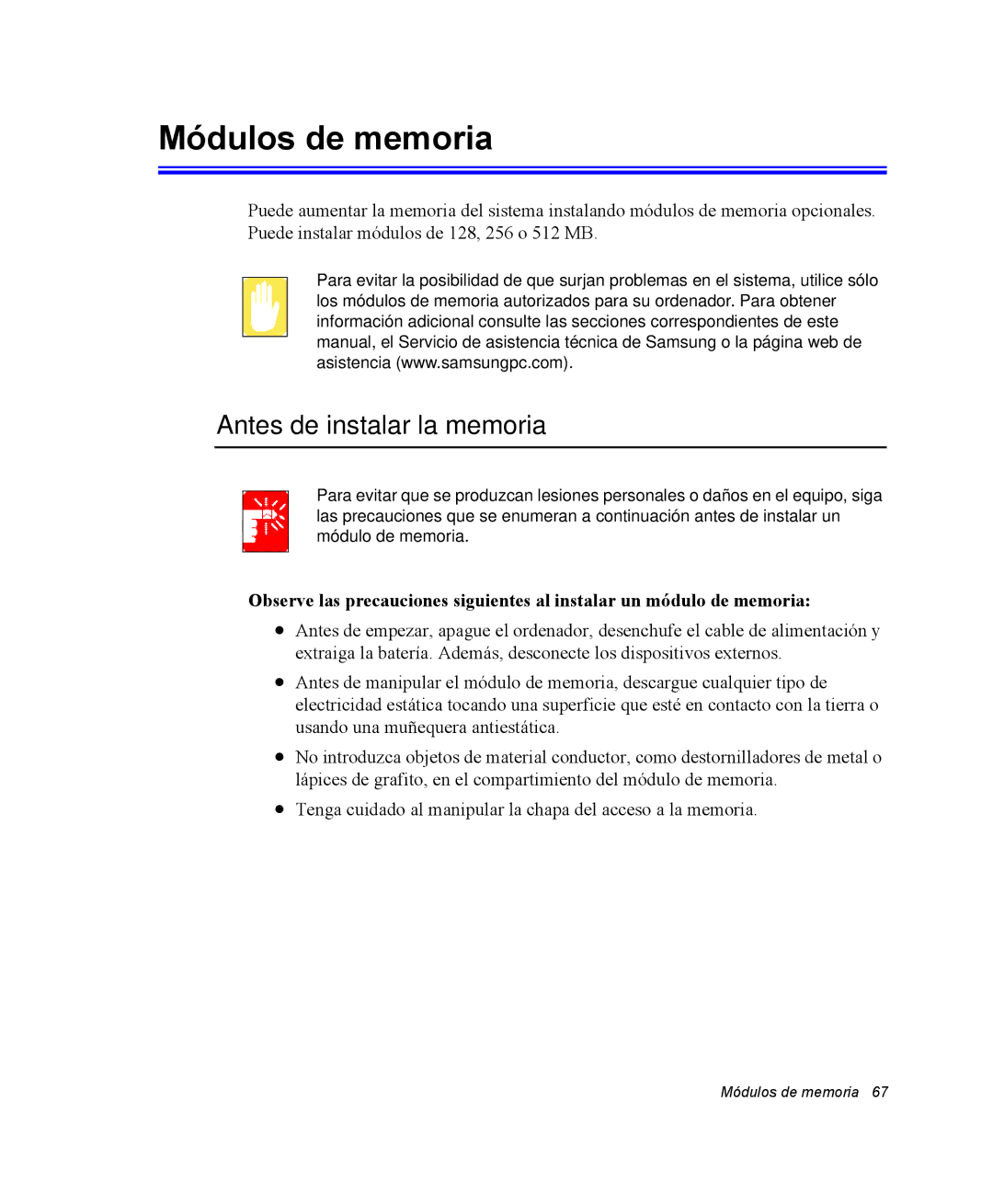 Samsung NV25NH0GTX/SES, NV25NH0VHX/SES, NV25CH0342/SES, NV25NH2CB7/SES manual Módulos de memoria, Antes de instalar la memoria 