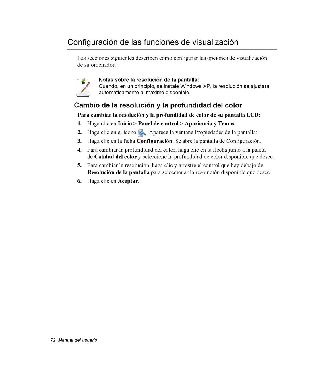 Samsung NV25NH2CB7/SES Configuración de las funciones de visualización, Cambio de la resolución y la profundidad del color 