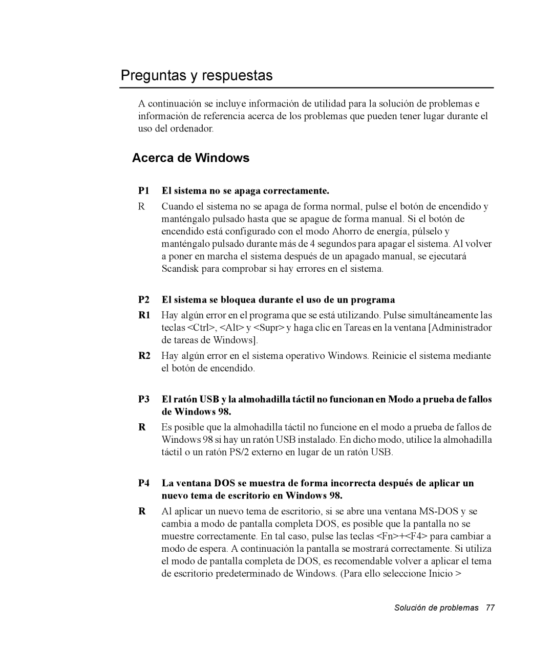 Samsung NV25CH0342/SES, NV25NH0VHX/SES Preguntas y respuestas, Acerca de Windows, P1 El sistema no se apaga correctamente 