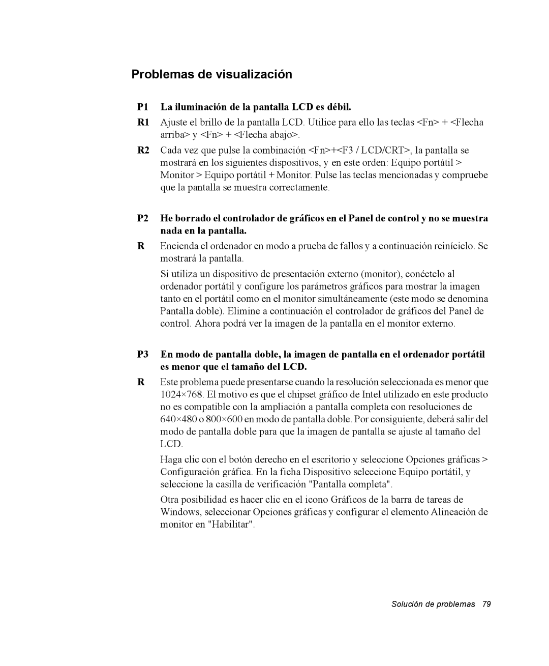 Samsung NV25NH0GTX/SES, NV25NH0VHX/SES manual Problemas de visualización, P1 La iluminación de la pantalla LCD es débil 